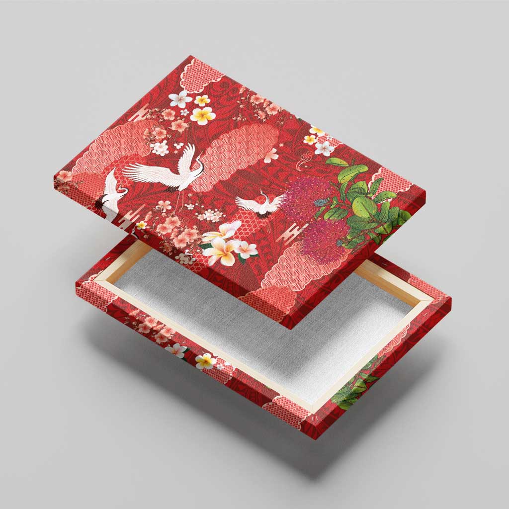 Hawaiian and Japanese Culture Together Canvas Wall Art Red Ohia Lehua Plumeria and Sakura Blooming - Polynesian Pride