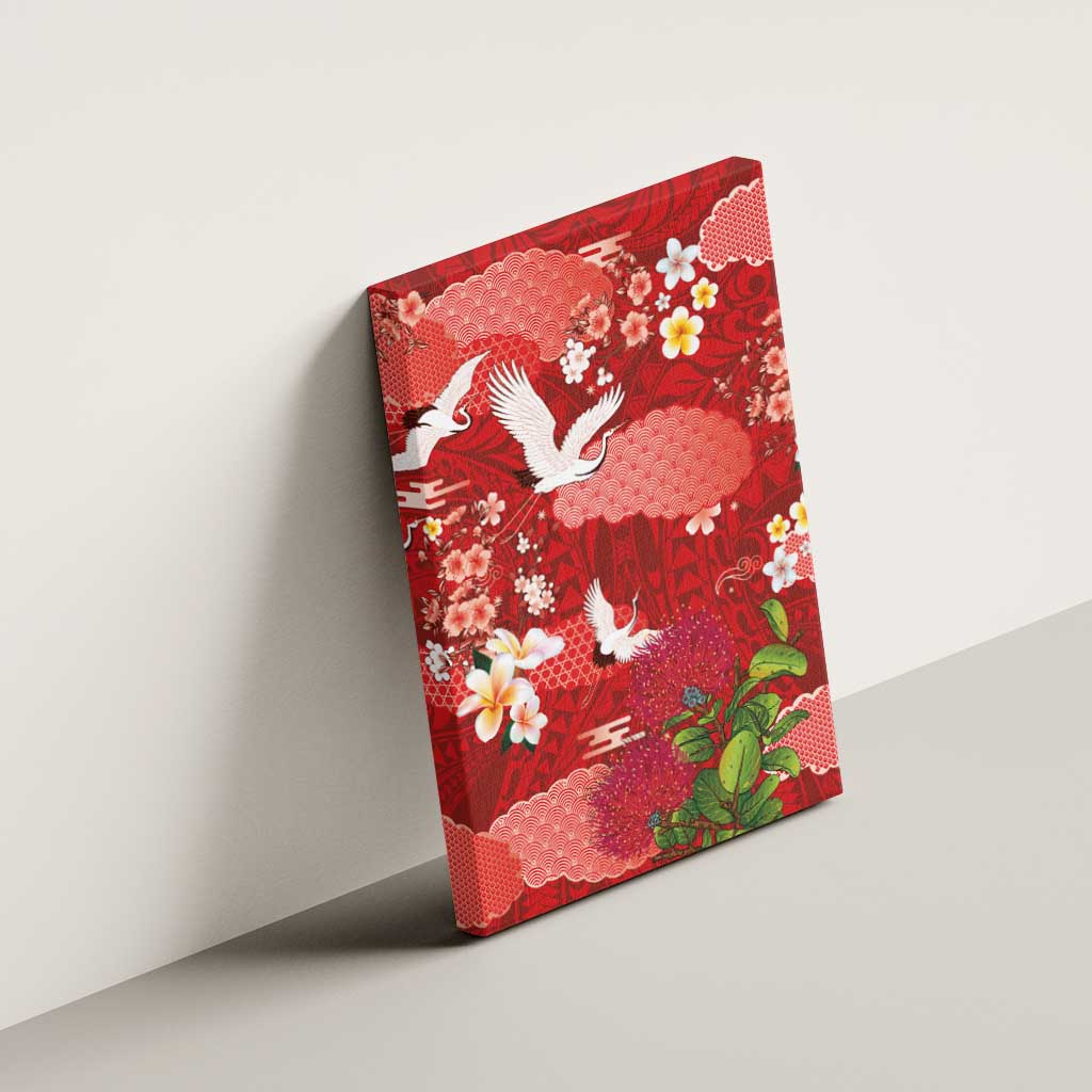 Hawaiian and Japanese Culture Together Canvas Wall Art Red Ohia Lehua Plumeria and Sakura Blooming - Polynesian Pride