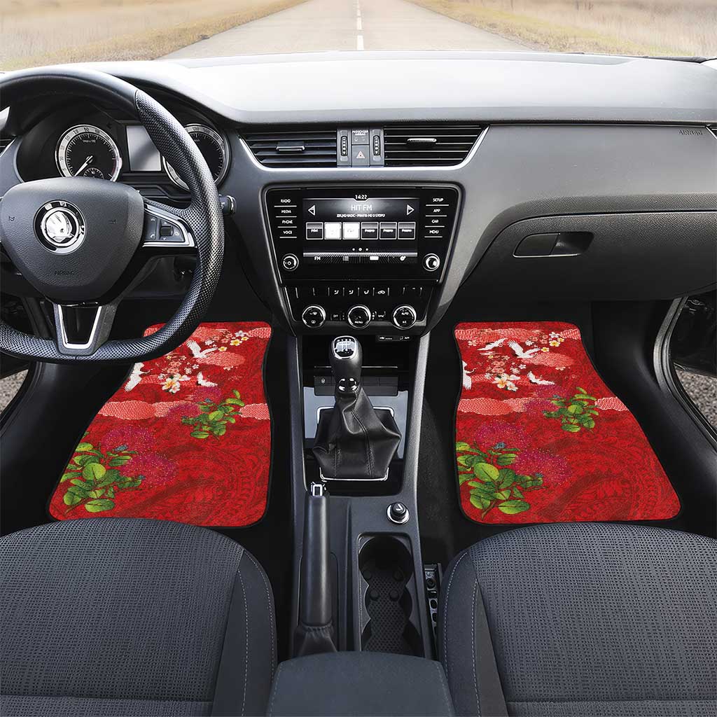 Hawaiian and Japanese Culture Together Car Mats Red Ohia Lehua Plumeria and Sakura Blooming LT03 Set 2pcs - Front Red - Polynesian Pride