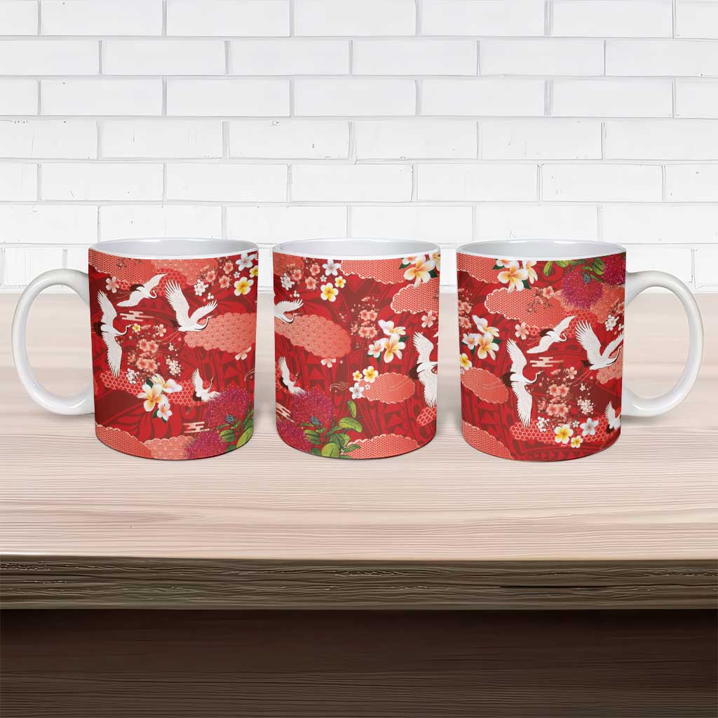 Hawaiian and Japanese Culture Together Ceramic Mug Red Ohia Lehua Plumeria and Sakura Blooming - Polynesian Pride