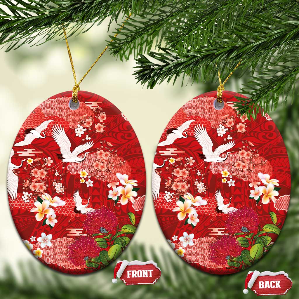 Hawaiian and Japanese Culture Together Ceramic Ornament Red Ohia Lehua Plumeria and Sakura Blooming LT03 Oval Red - Polynesian Pride