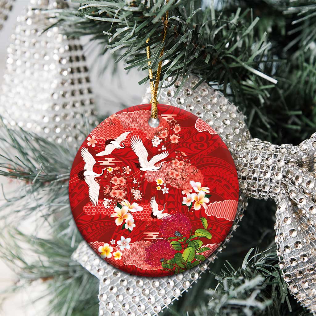 Hawaiian and Japanese Culture Together Ceramic Ornament Red Ohia Lehua Plumeria and Sakura Blooming LT03 - Polynesian Pride
