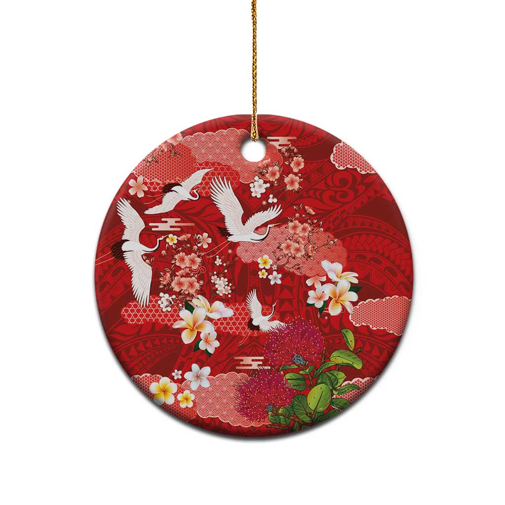 Hawaiian and Japanese Culture Together Ceramic Ornament Red Ohia Lehua Plumeria and Sakura Blooming LT03 - Polynesian Pride