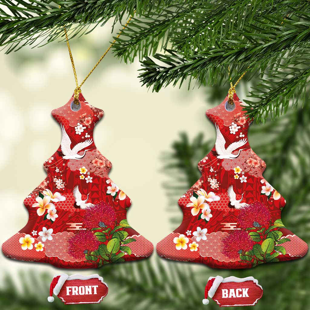 Hawaiian and Japanese Culture Together Ceramic Ornament Red Ohia Lehua Plumeria and Sakura Blooming LT03 Christmas Tree Red - Polynesian Pride