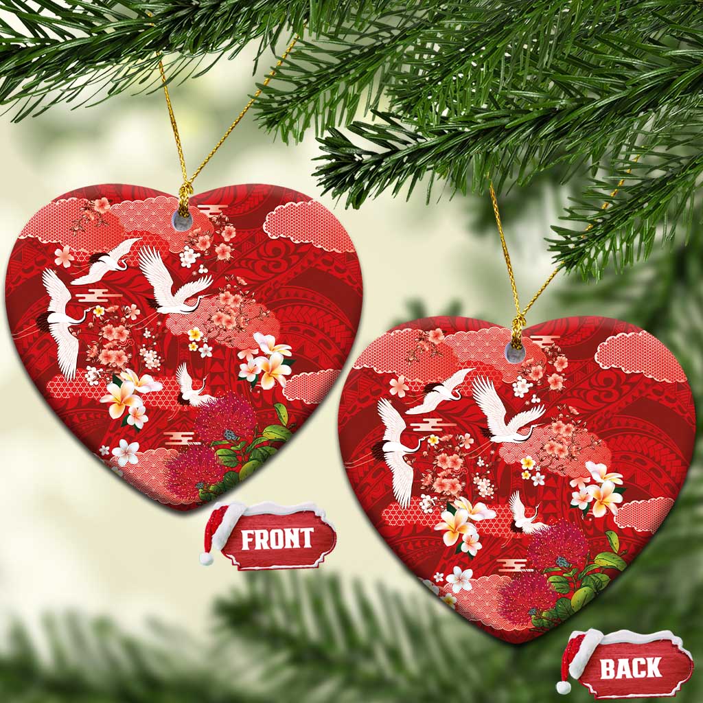 Hawaiian and Japanese Culture Together Ceramic Ornament Red Ohia Lehua Plumeria and Sakura Blooming LT03 Heart Red - Polynesian Pride