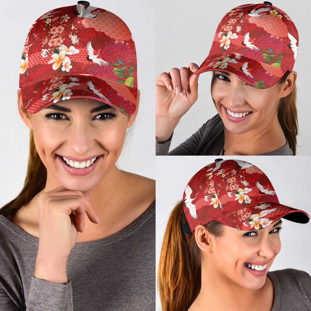 Hawaiian and Japanese Culture Together Classic Cap Red Ohia Lehua Plumeria and Sakura Blooming - Polynesian Pride