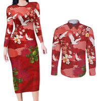 Hawaiian and Japanese Culture Together Couples Matching Long Sleeve Bodycon Dress and Long Sleeve Button Shirt Red Ohia Lehua Plumeria and Sakura Blooming - Polynesian Pride