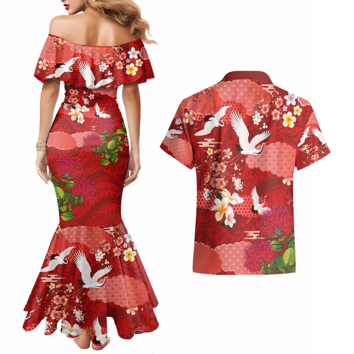 Hawaiian and Japanese Culture Together Couples Matching Mermaid Dress and Hawaiian Shirt Red Ohia Lehua Plumeria and Sakura Blooming - Polynesian Pride