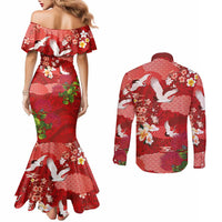 Hawaiian and Japanese Culture Together Couples Matching Mermaid Dress and Long Sleeve Button Shirt Red Ohia Lehua Plumeria and Sakura Blooming - Polynesian Pride