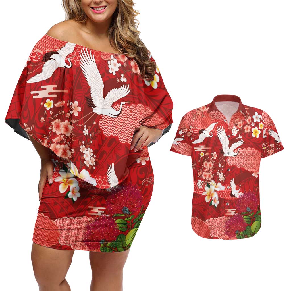 Hawaiian and Japanese Culture Together Couples Matching Off Shoulder Short Dress and Hawaiian Shirt Red Ohia Lehua Plumeria and Sakura Blooming - Polynesian Pride