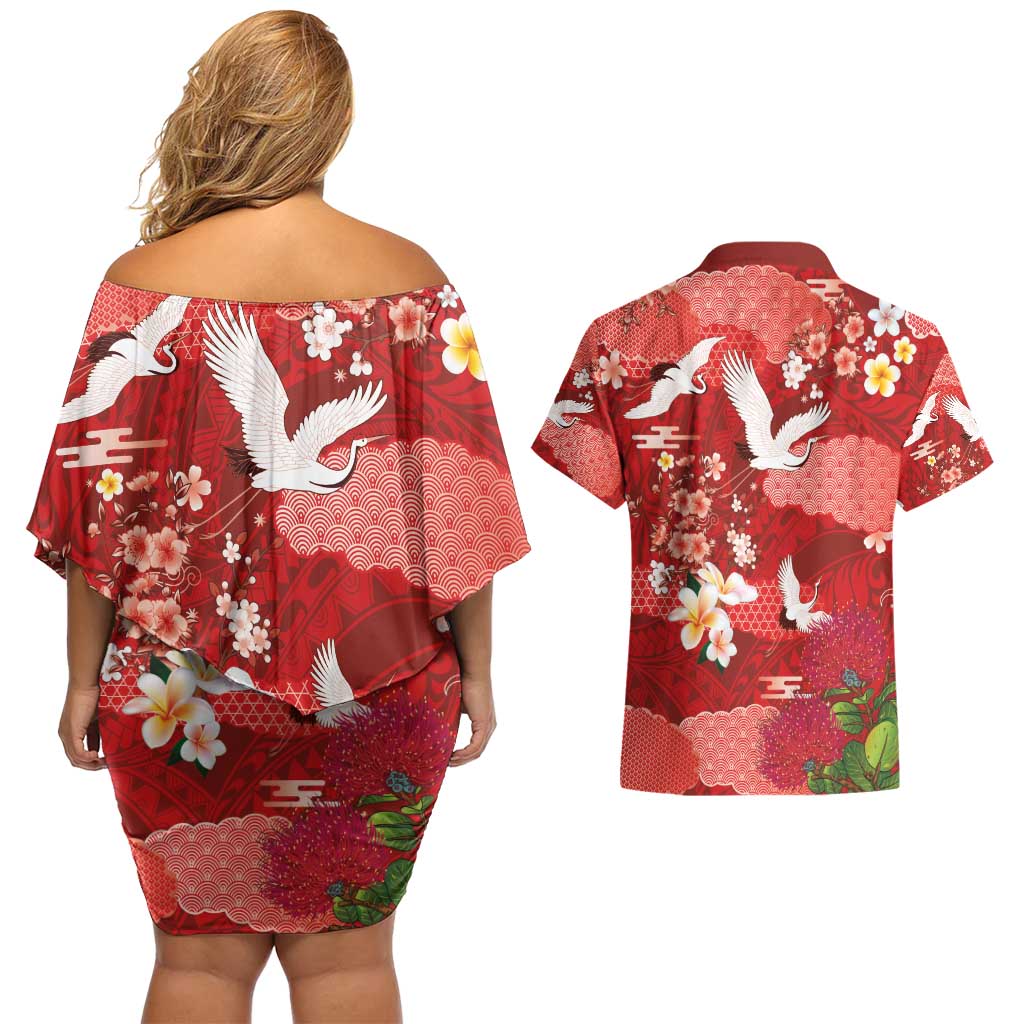 Hawaiian and Japanese Culture Together Couples Matching Off Shoulder Short Dress and Hawaiian Shirt Red Ohia Lehua Plumeria and Sakura Blooming - Polynesian Pride