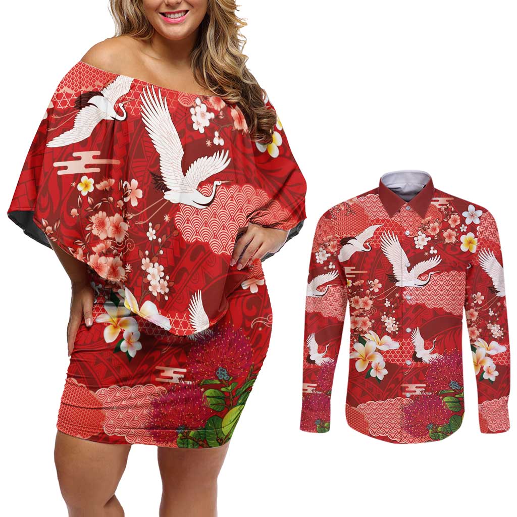 Hawaiian and Japanese Culture Together Couples Matching Off Shoulder Short Dress and Long Sleeve Button Shirt Red Ohia Lehua Plumeria and Sakura Blooming - Polynesian Pride