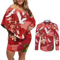 Hawaiian and Japanese Culture Together Couples Matching Off Shoulder Short Dress and Long Sleeve Button Shirt Red Ohia Lehua Plumeria and Sakura Blooming - Polynesian Pride