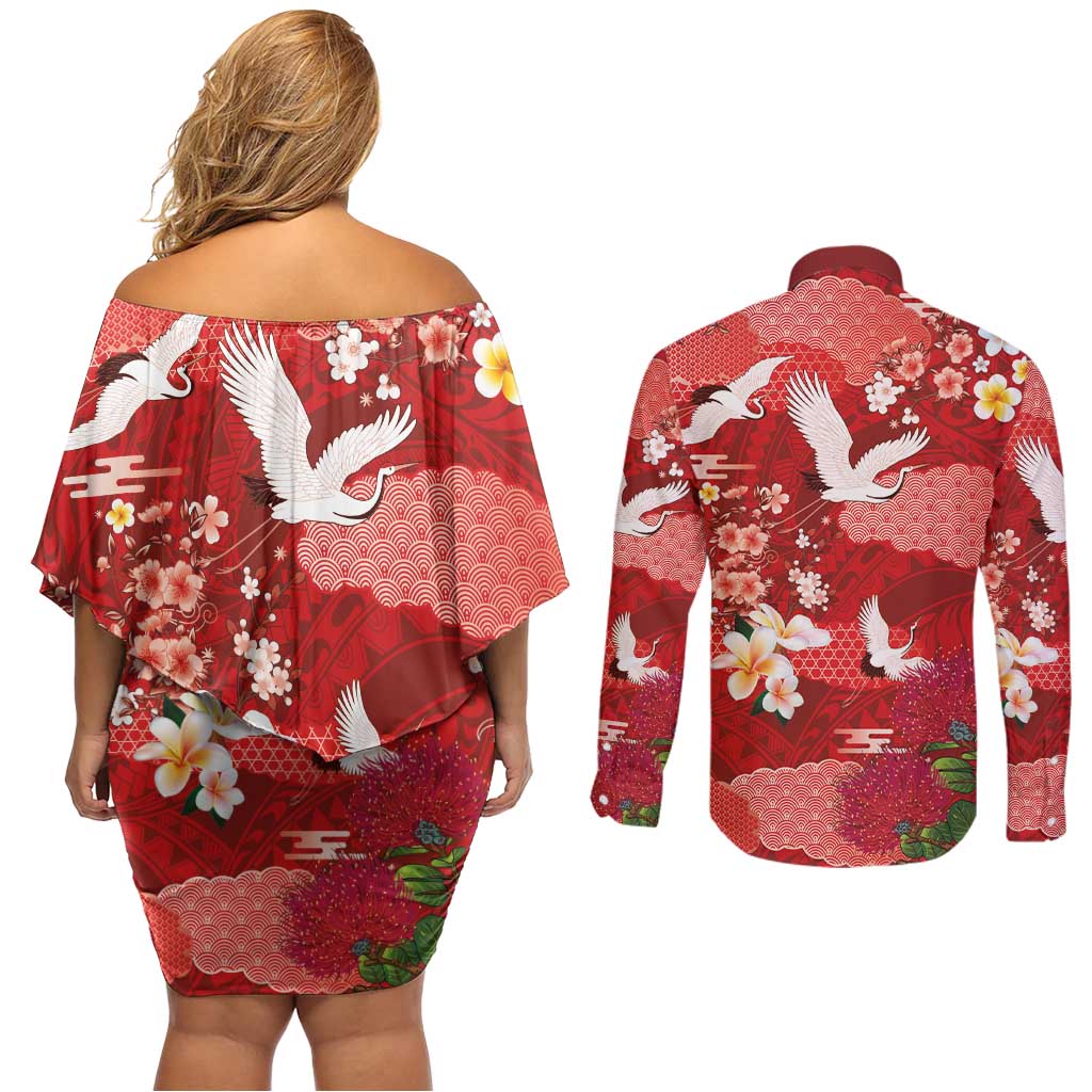 Hawaiian and Japanese Culture Together Couples Matching Off Shoulder Short Dress and Long Sleeve Button Shirt Red Ohia Lehua Plumeria and Sakura Blooming - Polynesian Pride