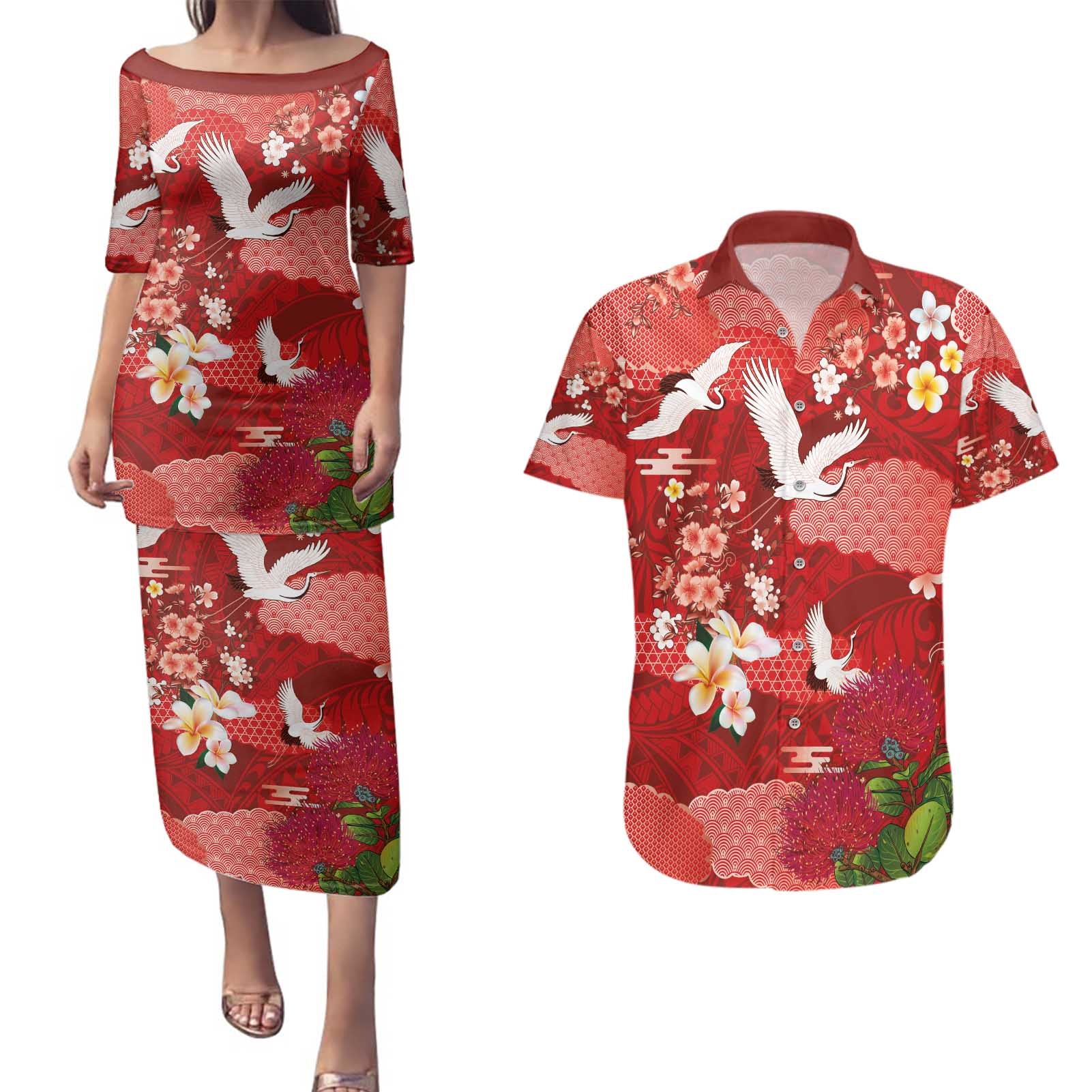 Hawaiian and Japanese Culture Together Couples Matching Puletasi and Hawaiian Shirt Red Ohia Lehua Plumeria and Sakura Blooming - Polynesian Pride