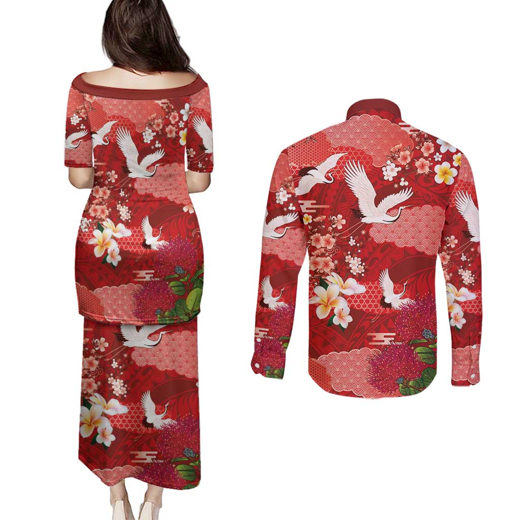 Hawaiian and Japanese Culture Together Couples Matching Puletasi and Long Sleeve Button Shirt Red Ohia Lehua Plumeria and Sakura Blooming - Polynesian Pride
