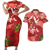 Hawaiian and Japanese Culture Together Couples Matching Short Sleeve Bodycon Dress and Hawaiian Shirt Red Ohia Lehua Plumeria and Sakura Blooming - Polynesian Pride
