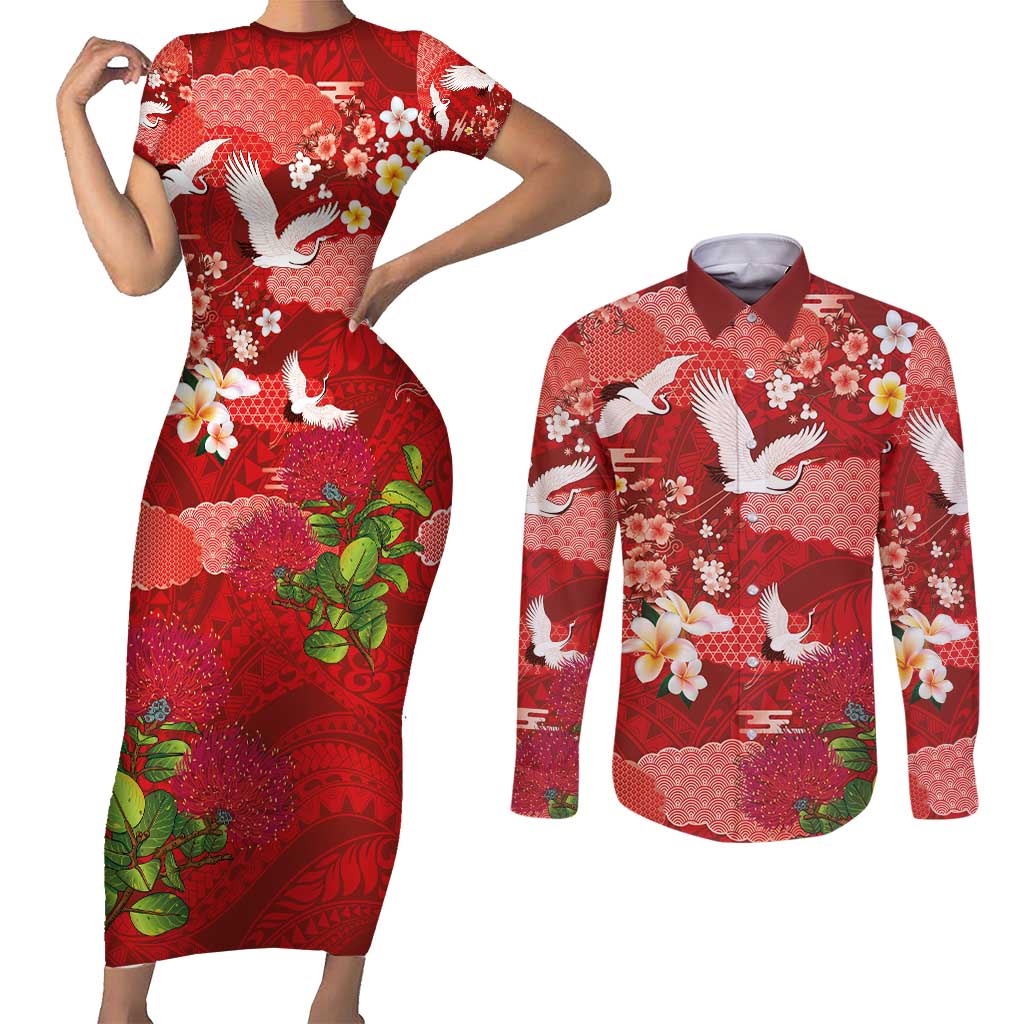Hawaiian and Japanese Culture Together Couples Matching Short Sleeve Bodycon Dress and Long Sleeve Button Shirt Red Ohia Lehua Plumeria and Sakura Blooming - Polynesian Pride