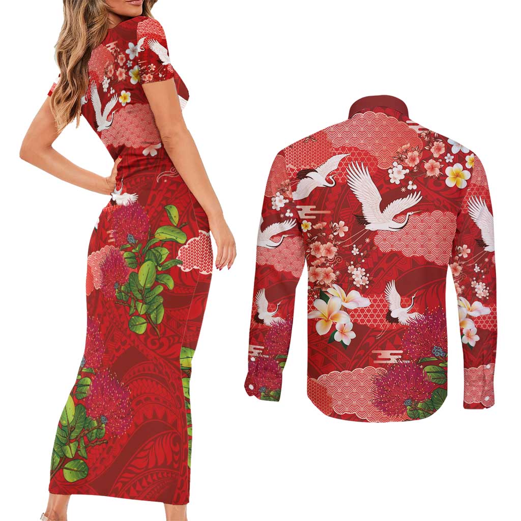 Hawaiian and Japanese Culture Together Couples Matching Short Sleeve Bodycon Dress and Long Sleeve Button Shirt Red Ohia Lehua Plumeria and Sakura Blooming - Polynesian Pride