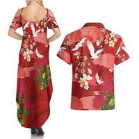 Hawaiian and Japanese Culture Together Couples Matching Summer Maxi Dress and Hawaiian Shirt Red Ohia Lehua Plumeria and Sakura Blooming - Polynesian Pride