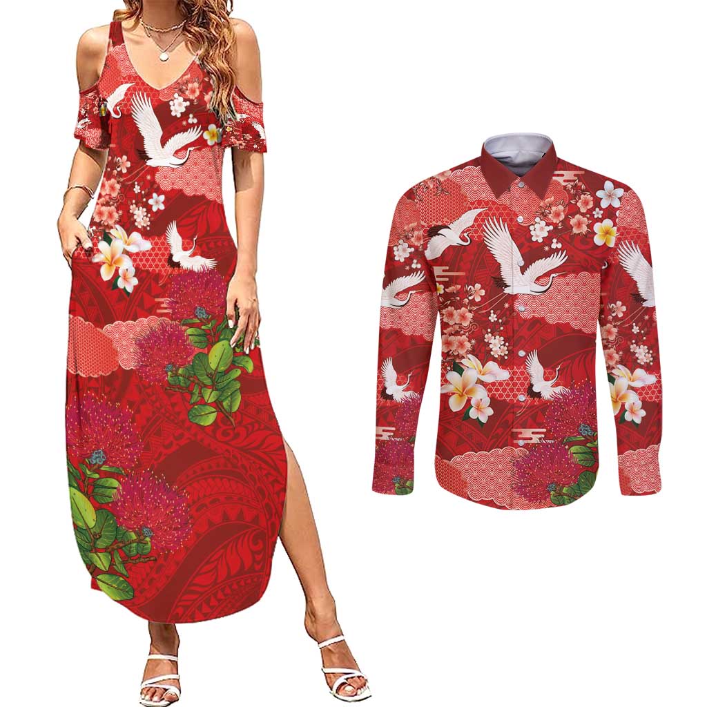 Hawaiian and Japanese Culture Together Couples Matching Summer Maxi Dress and Long Sleeve Button Shirt Red Ohia Lehua Plumeria and Sakura Blooming - Polynesian Pride