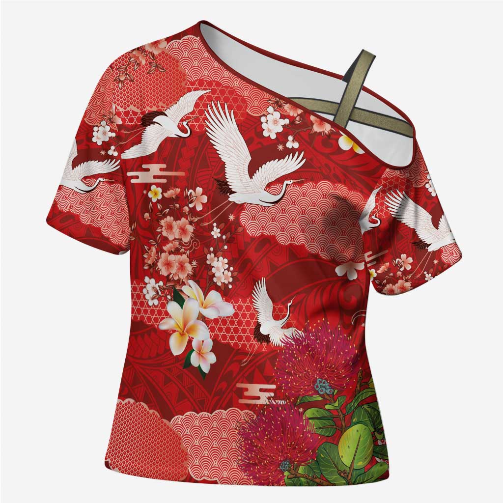 Hawaiian and Japanese Culture Together Cross Shoulder Shirt Red Ohia Lehua Plumeria and Sakura Blooming - Polynesian Pride