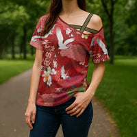 Hawaiian and Japanese Culture Together Cross Shoulder Shirt Red Ohia Lehua Plumeria and Sakura Blooming - Polynesian Pride