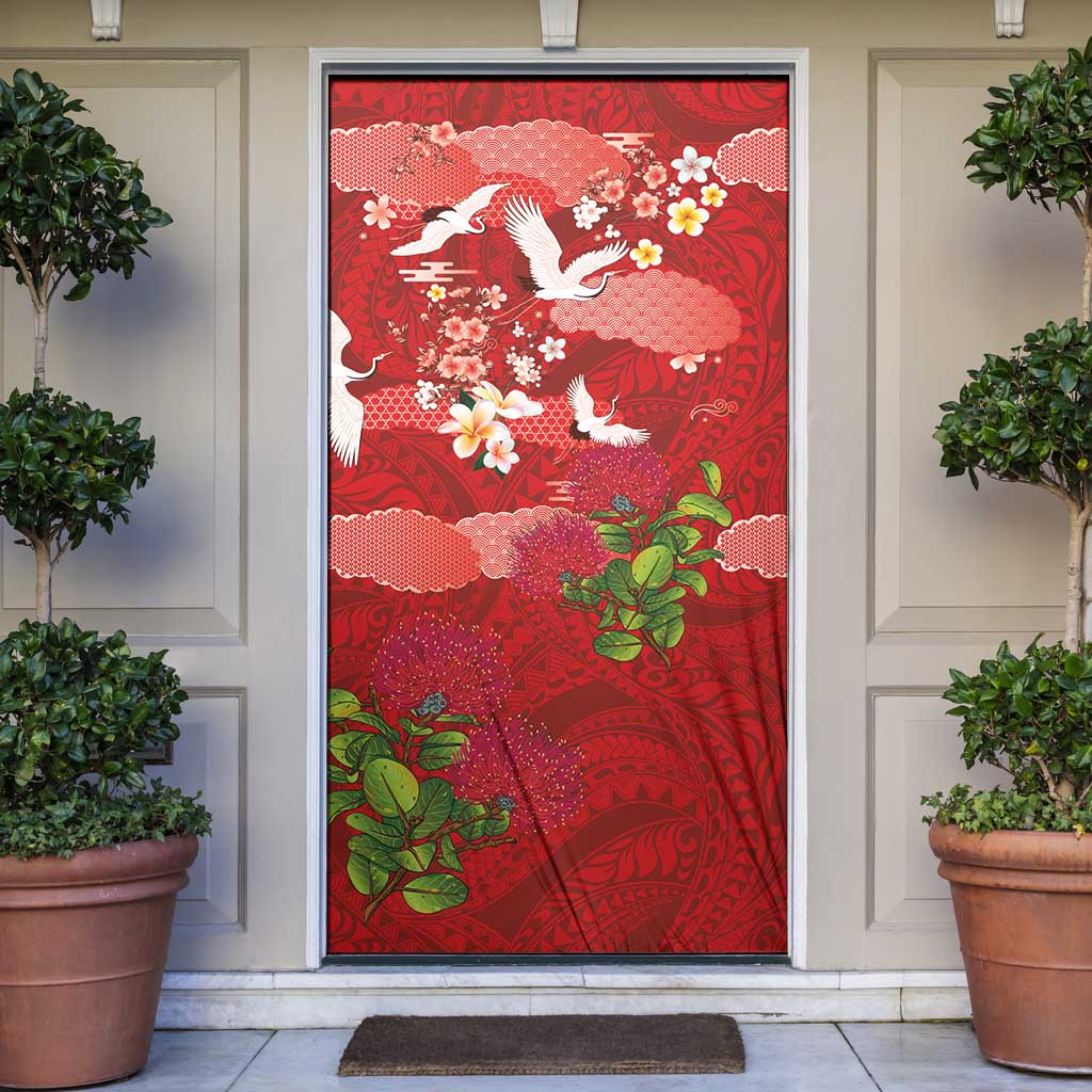 Hawaiian and Japanese Culture Together Door Cover Red Ohia Lehua Plumeria and Sakura Blooming - Polynesian Pride