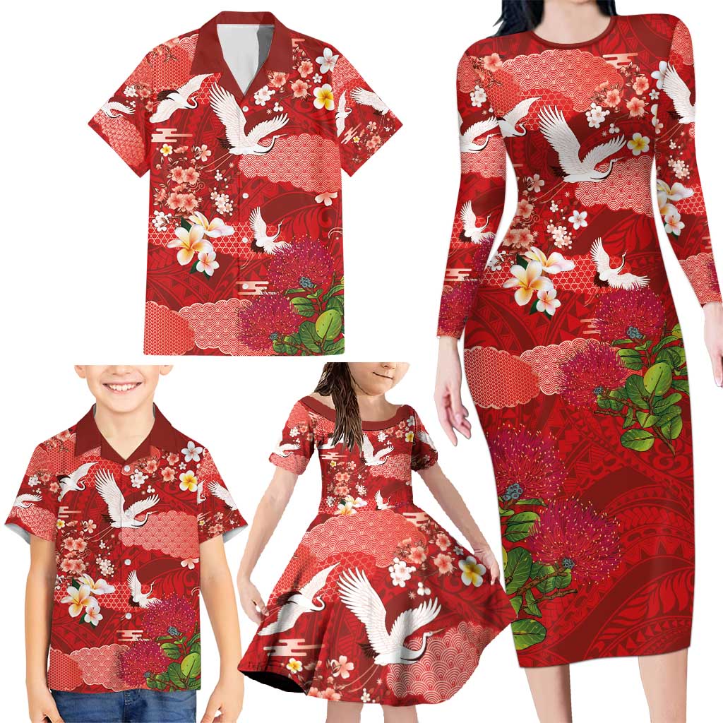 Hawaiian and Japanese Culture Together Family Matching Long Sleeve Bodycon Dress and Hawaiian Shirt Red Ohia Lehua Plumeria and Sakura Blooming - Polynesian Pride