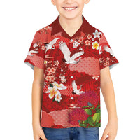 Hawaiian and Japanese Culture Together Family Matching Long Sleeve Bodycon Dress and Hawaiian Shirt Red Ohia Lehua Plumeria and Sakura Blooming - Polynesian Pride