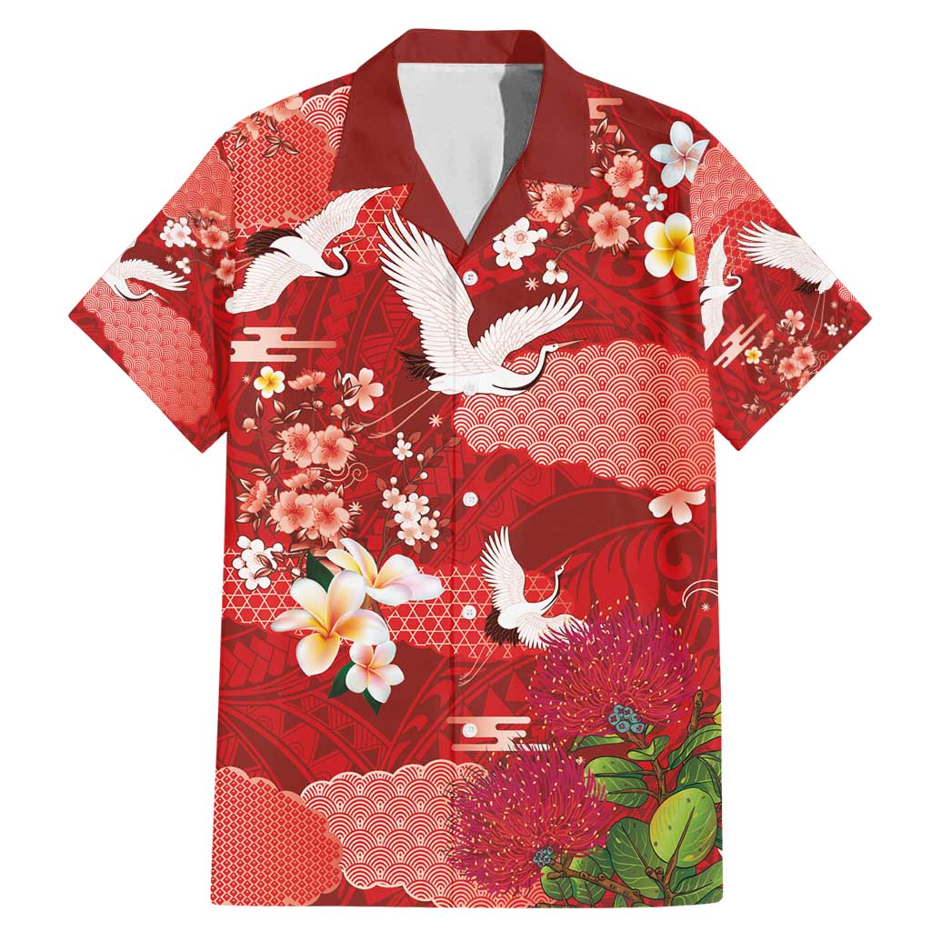 Hawaiian and Japanese Culture Together Family Matching Mermaid Dress and Hawaiian Shirt Red Ohia Lehua Plumeria and Sakura Blooming - Polynesian Pride