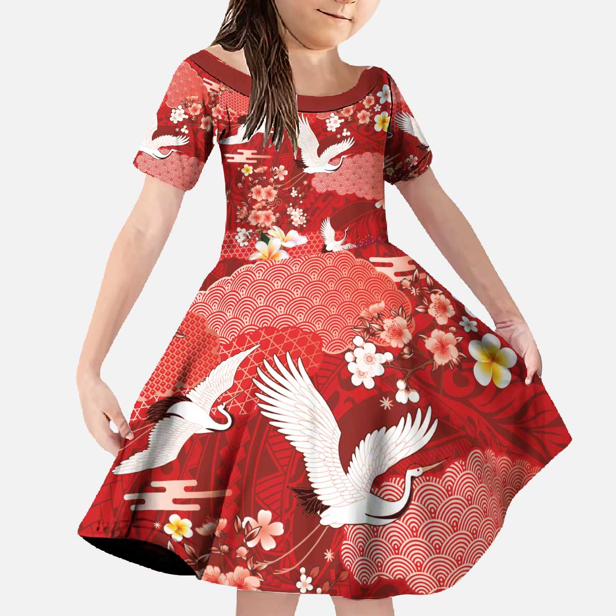 Hawaiian and Japanese Culture Together Family Matching Off The Shoulder Long Sleeve Dress and Hawaiian Shirt Red Ohia Lehua Plumeria and Sakura Blooming - Polynesian Pride