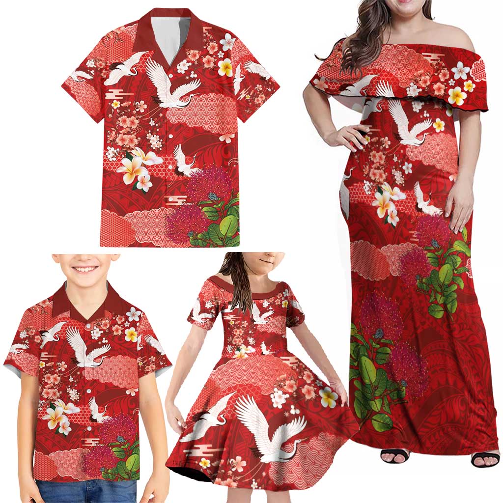 Hawaiian and Japanese Culture Together Family Matching Off Shoulder Maxi Dress and Hawaiian Shirt Red Ohia Lehua Plumeria and Sakura Blooming - Polynesian Pride