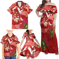 Hawaiian and Japanese Culture Together Family Matching Off Shoulder Maxi Dress and Hawaiian Shirt Red Ohia Lehua Plumeria and Sakura Blooming - Polynesian Pride