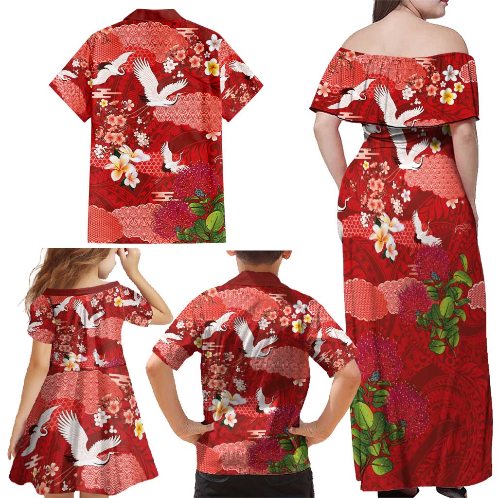 Hawaiian and Japanese Culture Together Family Matching Off Shoulder Maxi Dress and Hawaiian Shirt Red Ohia Lehua Plumeria and Sakura Blooming - Polynesian Pride