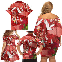 Hawaiian and Japanese Culture Together Family Matching Off Shoulder Short Dress and Hawaiian Shirt Red Ohia Lehua Plumeria and Sakura Blooming - Polynesian Pride