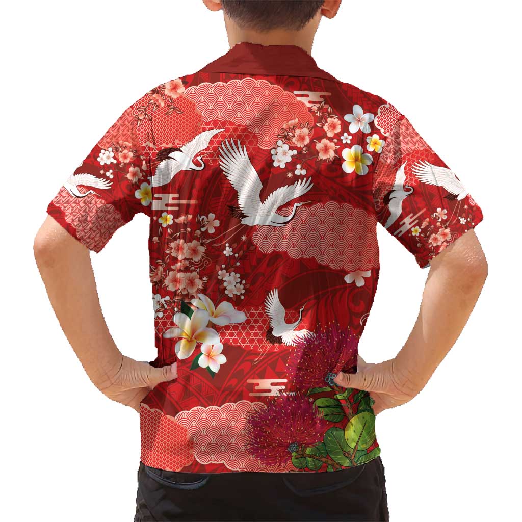 Hawaiian and Japanese Culture Together Family Matching Puletasi and Hawaiian Shirt Red Ohia Lehua Plumeria and Sakura Blooming - Polynesian Pride