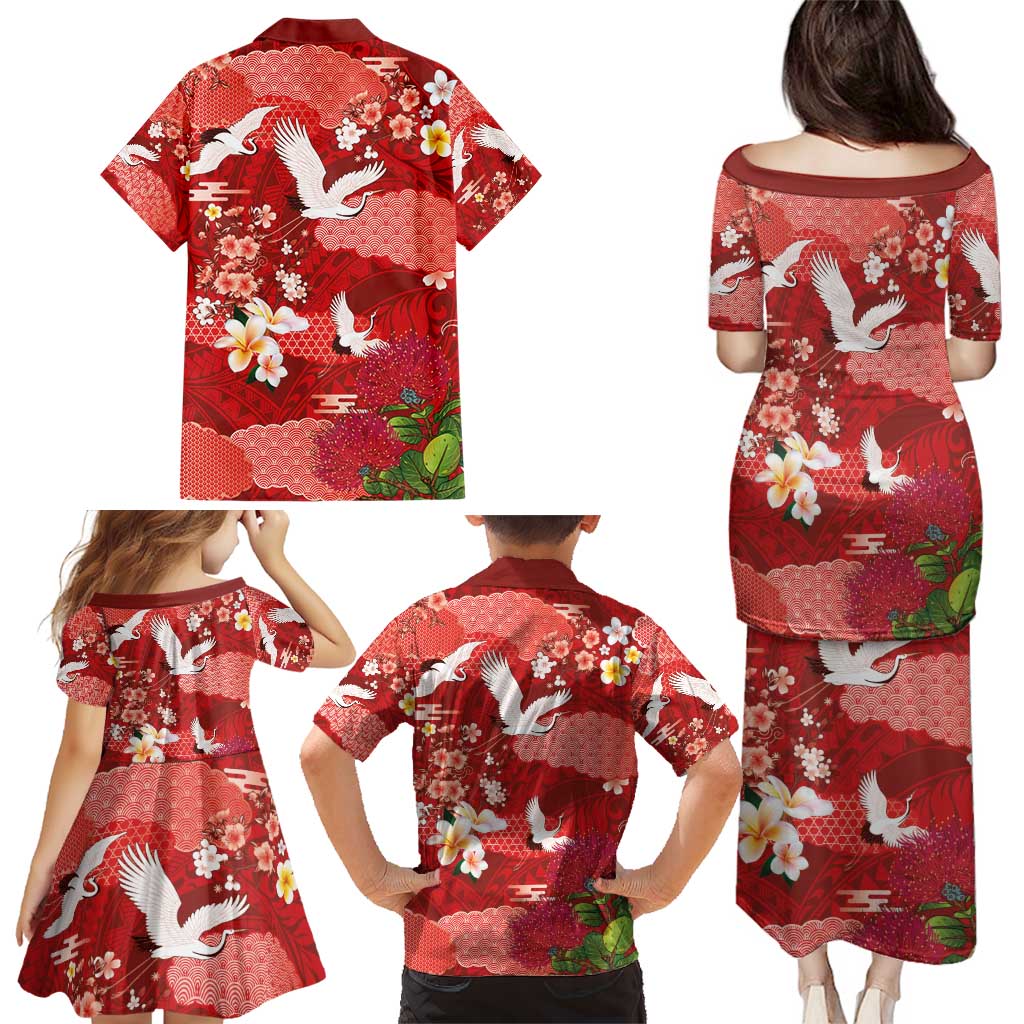 Hawaiian and Japanese Culture Together Family Matching Puletasi and Hawaiian Shirt Red Ohia Lehua Plumeria and Sakura Blooming - Polynesian Pride