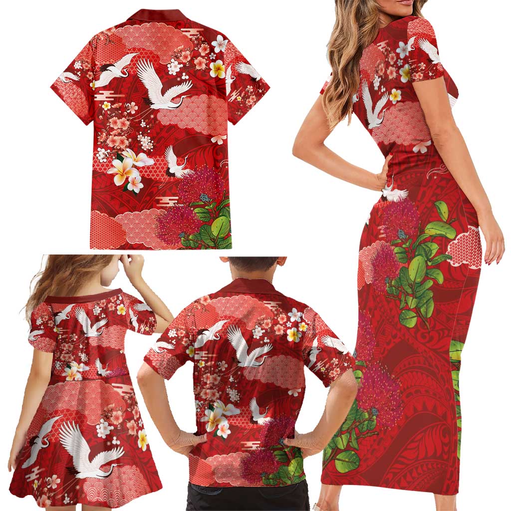 Hawaiian and Japanese Culture Together Family Matching Short Sleeve Bodycon Dress and Hawaiian Shirt Red Ohia Lehua Plumeria and Sakura Blooming - Polynesian Pride