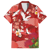 Hawaiian and Japanese Culture Together Family Matching Short Sleeve Bodycon Dress and Hawaiian Shirt Red Ohia Lehua Plumeria and Sakura Blooming - Polynesian Pride