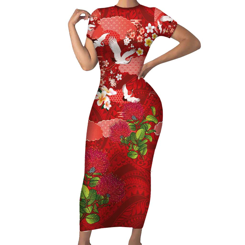 Hawaiian and Japanese Culture Together Family Matching Short Sleeve Bodycon Dress and Hawaiian Shirt Red Ohia Lehua Plumeria and Sakura Blooming - Polynesian Pride