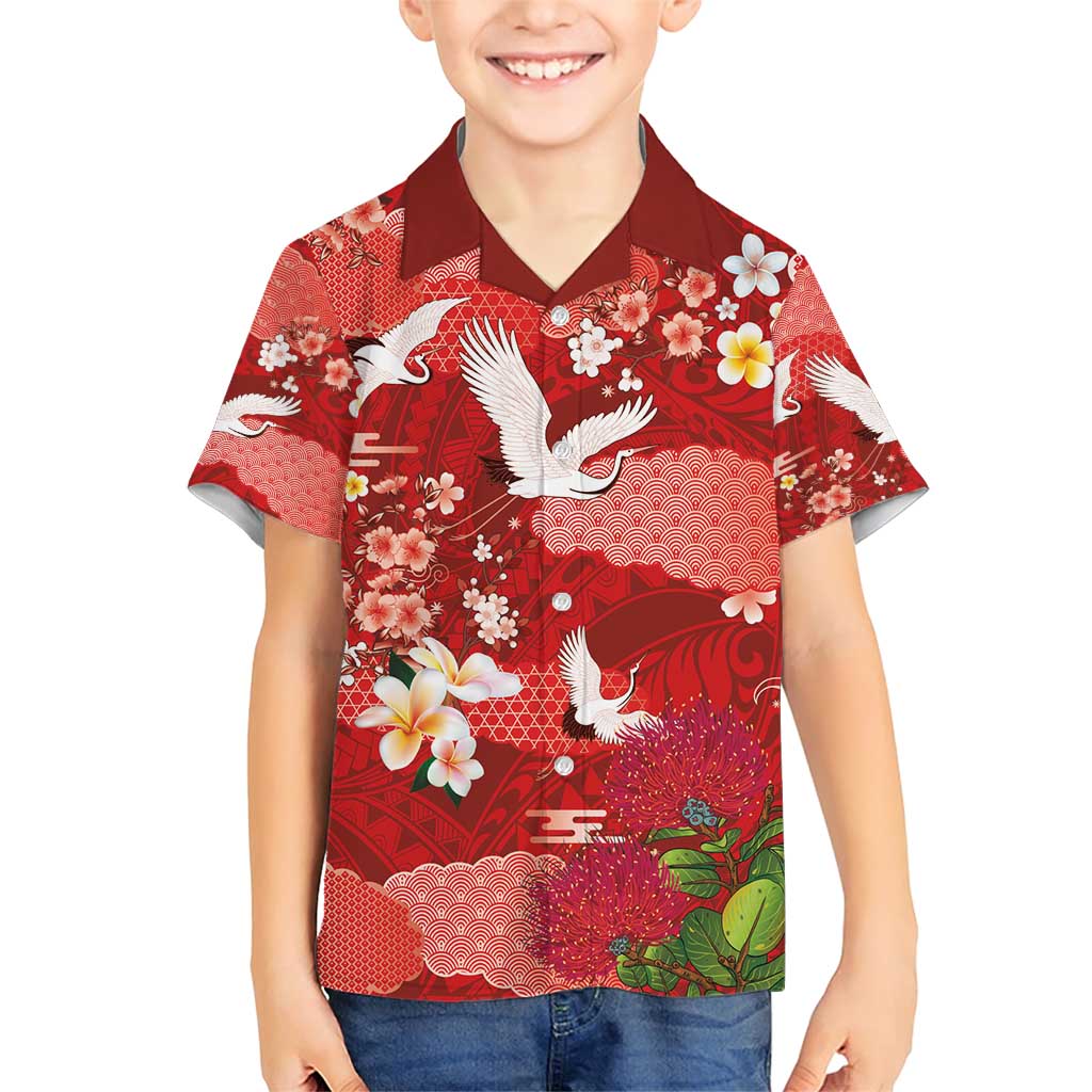Hawaiian and Japanese Culture Together Family Matching Short Sleeve Bodycon Dress and Hawaiian Shirt Red Ohia Lehua Plumeria and Sakura Blooming - Polynesian Pride