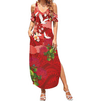Hawaiian and Japanese Culture Together Family Matching Summer Maxi Dress and Hawaiian Shirt Red Ohia Lehua Plumeria and Sakura Blooming - Polynesian Pride