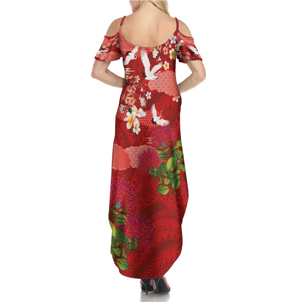 Hawaiian and Japanese Culture Together Family Matching Summer Maxi Dress and Hawaiian Shirt Red Ohia Lehua Plumeria and Sakura Blooming - Polynesian Pride
