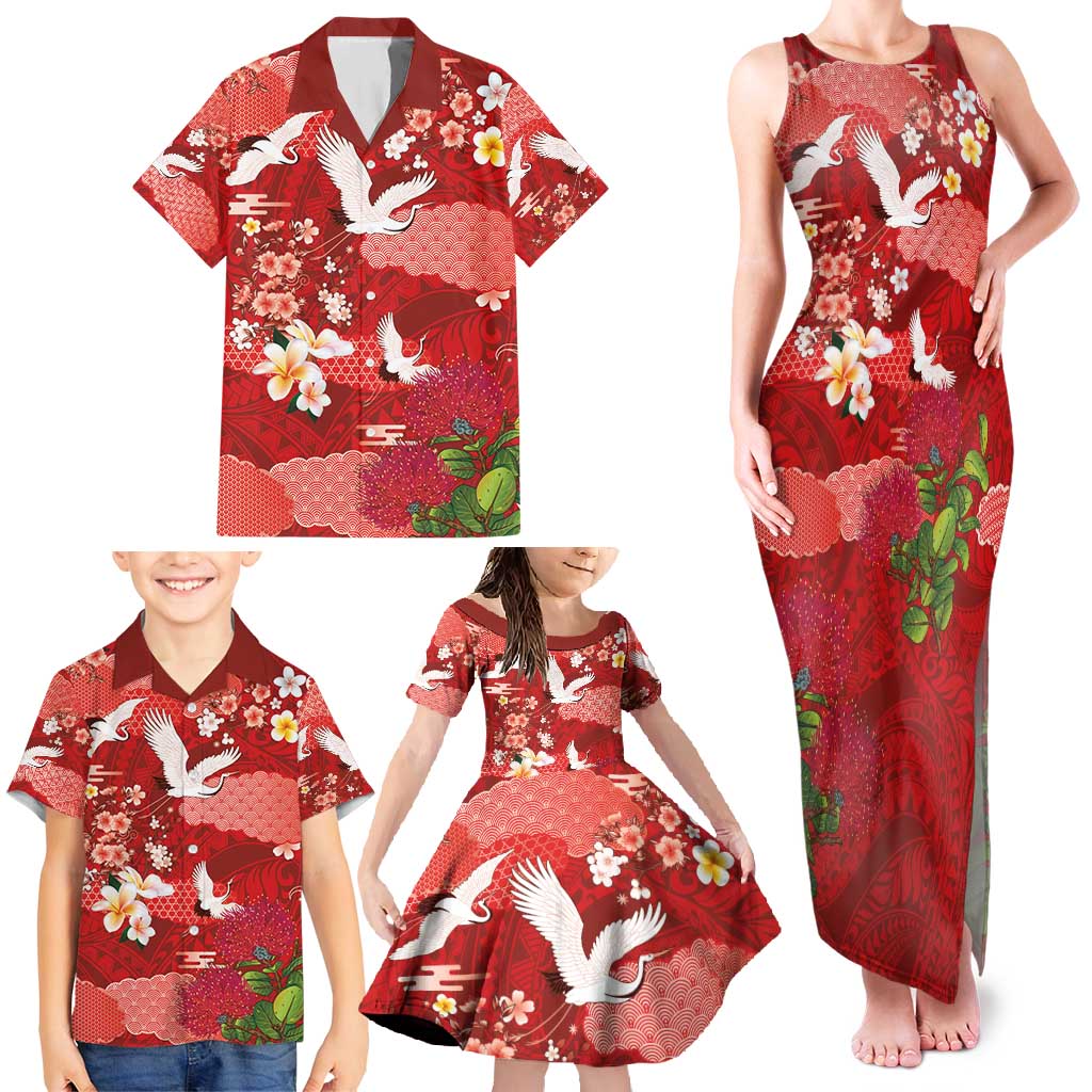 Hawaiian and Japanese Culture Together Family Matching Tank Maxi Dress and Hawaiian Shirt Red Ohia Lehua Plumeria and Sakura Blooming - Polynesian Pride