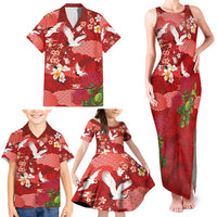 Hawaiian and Japanese Culture Together Family Matching Tank Maxi Dress and Hawaiian Shirt Red Ohia Lehua Plumeria and Sakura Blooming - Polynesian Pride