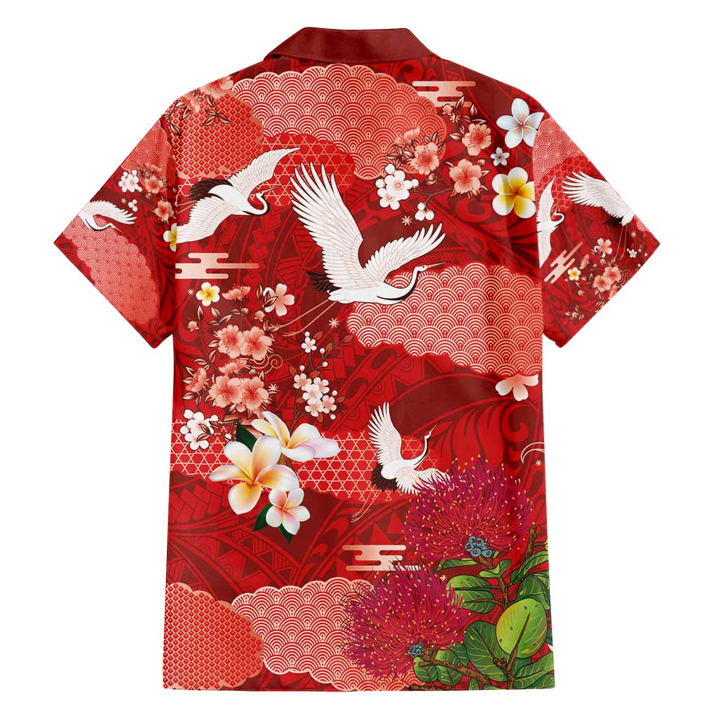 Hawaiian and Japanese Culture Together Family Matching Tank Maxi Dress and Hawaiian Shirt Red Ohia Lehua Plumeria and Sakura Blooming - Polynesian Pride