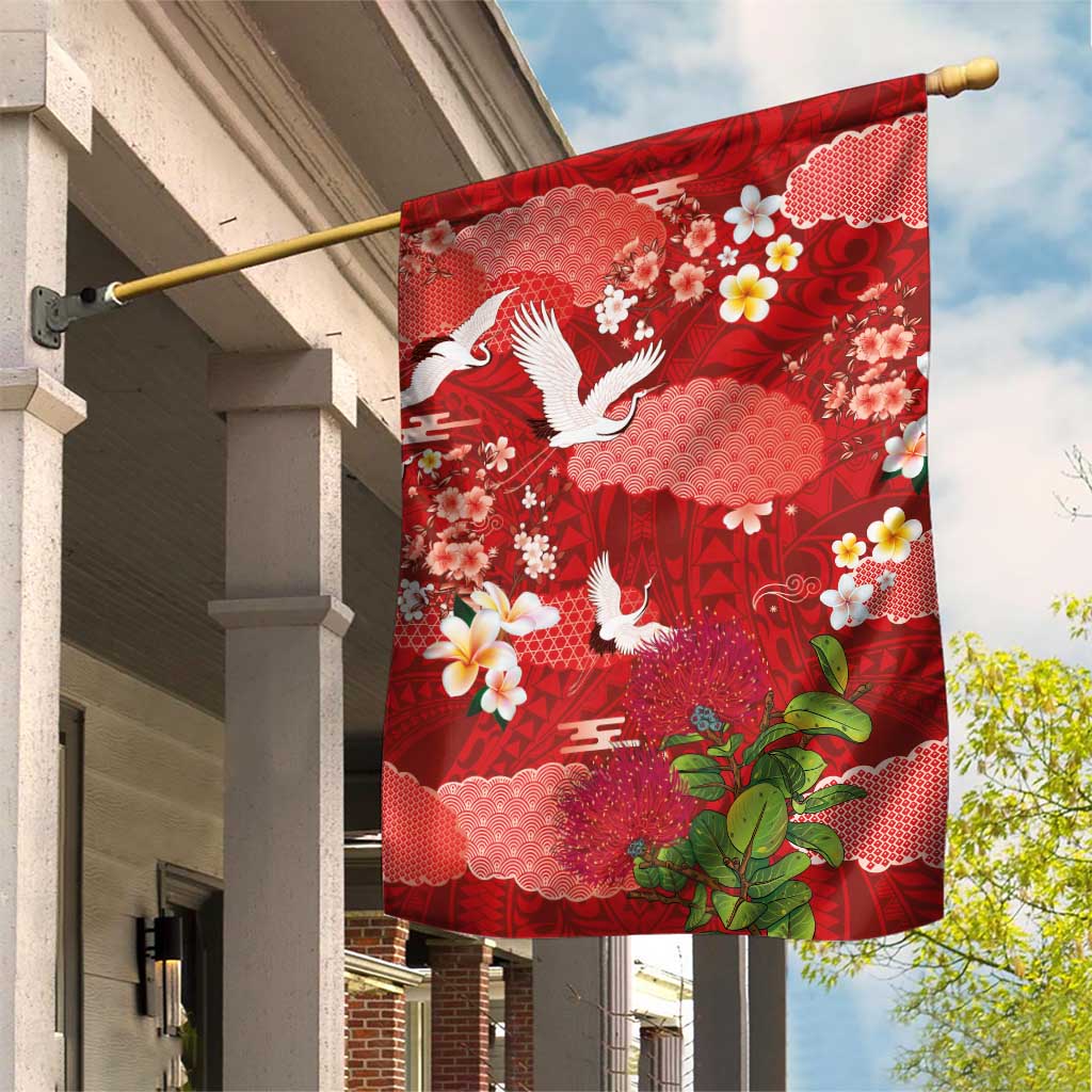 Hawaiian and Japanese Culture Together Garden Flag Red Ohia Lehua Plumeria and Sakura Blooming - Polynesian Pride