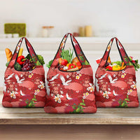 Hawaiian and Japanese Culture Together Grocery Bag Red Ohia Lehua Plumeria and Sakura Blooming LT03 3-pack One Size Red - Polynesian Pride