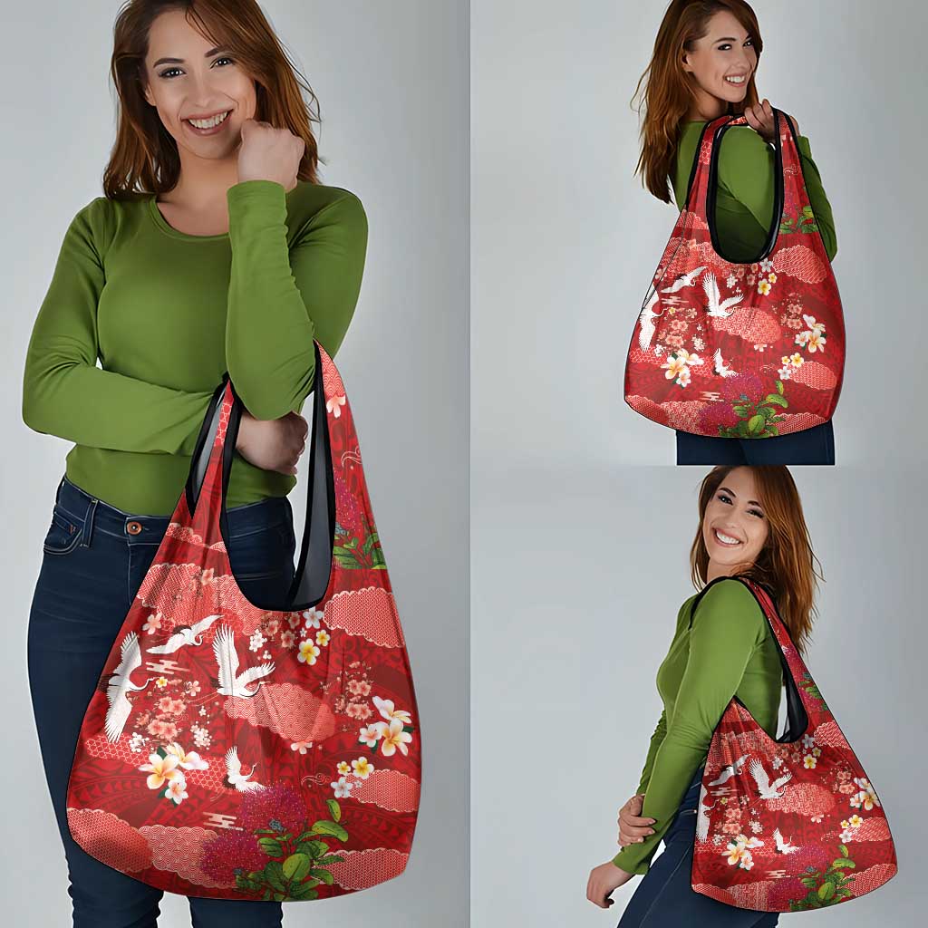 Hawaiian and Japanese Culture Together Grocery Bag Red Ohia Lehua Plumeria and Sakura Blooming LT03 - Polynesian Pride